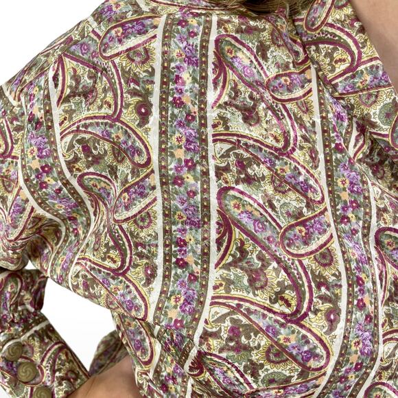 90s BROWNSTONE STUDIO Vintage Green Purple Paisley Bow Neck Blouse - Picture 9 of 12